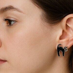Black Cat Stud Enamel Earrings 3/4 Inch High 2 3/4 In Wide